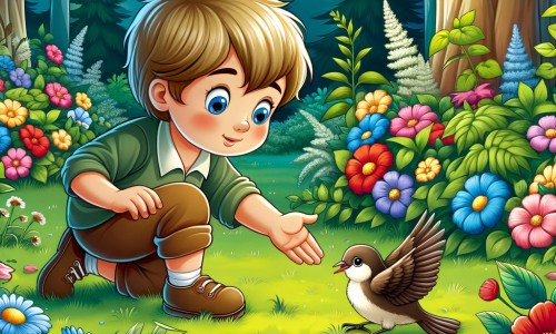 Une illustration destinée aux enfants représentant un petit garçon curieux et aventurier, découvrant un oiseau blessé dans un jardin verdoyant rempli de fleurs multicolores.