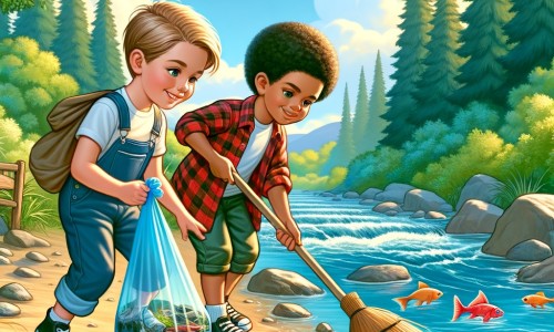 Une illustration pour enfants représentant un petit garçon plein d'énergie qui découvre une rivière polluée et décide de la nettoyer avec l'aide de son ami, dans un magnifique paysage naturel.