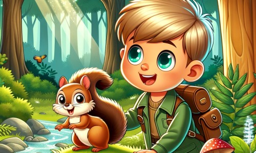 Une illustration pour enfants représentant un petit garçon curieux découvrant un ruisseau dans une forêt enchantée, et apprenant à protéger la nature qui l'entoure.