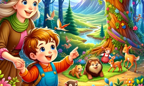 Une illustration destinée aux enfants représentant un petit garçon curieux et plein d'énergie, accompagné de sa maman, dans une forêt enchantée remplie de fleurs colorées, d'arbres majestueux et d'animaux joyeux, où ils découvrent l'importance de prendre soin de la nature et décident d'agir pour protéger cet endroit magique.