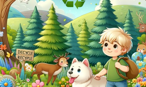 Une illustration destinée aux enfants représentant un petit garçon curieux, accompagné de son chien fidèle, explorant une forêt luxuriante remplie de fleurs colorées, d'arbres majestueux et d'animaux joyeux, dans le but de protéger la nature et d'encourager les autres à recycler.