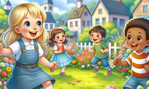 Une illustration destinée aux enfants représentant une petite fille pleine de curiosité, découvrant le football avec enthousiasme, accompagnée de ses amis, dans un jardin verdoyant et fleuri, au cœur d'une petite ville paisible.