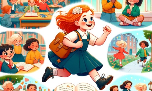 Une illustration pour enfants représentant une petite fille pleine de vie et d'énergie, qui rêve d'un monde où filles et garçons sont égaux, et où son histoire se déroule à l'école, à la bibliothèque et au parc.
