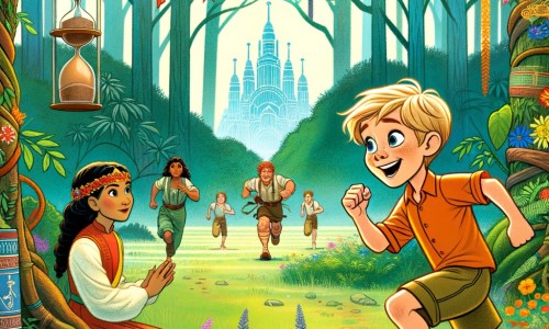 Une illustration pour enfants représentant un petit garçon qui découvre une compétition de course pour enfants dans les bois près de chez lui.