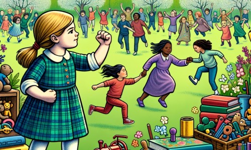Une illustration pour enfants représentant une petite fille courageuse qui défie les stéréotypes de genre lors d'une course de vélo dans un parc.