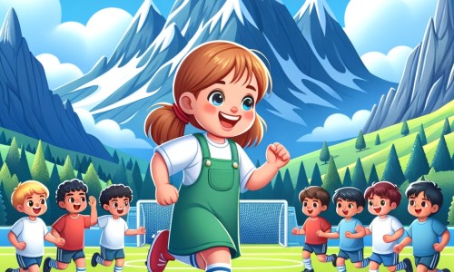 Une illustration destinée aux enfants représentant une petite fille pleine d'énergie et de joie, défiant les stéréotypes de genre en jouant au football avec des garçons, dans un magnifique stade verdoyant entouré de montagnes majestueuses et sous un ciel bleu éclatant.