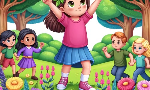 Une illustration destinée aux enfants représentant une petite fille déterminée qui défie les stéréotypes de genre, accompagnée de ses amis, dans un parc verdoyant rempli de fleurs multicolores et d'arbres majestueux.