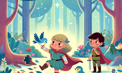 Une illustration destinée aux enfants représentant une petite fille intrépide, défiant les stéréotypes de genre, accompagnée d'un oiseau blessé, dans une forêt enchantée aux arbres majestueux et aux fleurs chatoyantes.