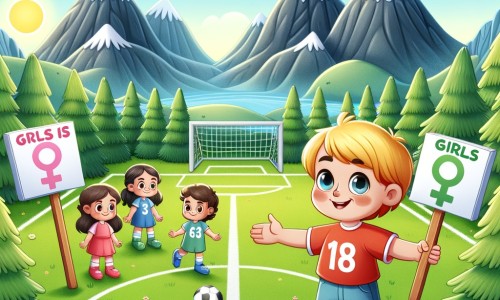 Une illustration destinée aux enfants représentant un petit garçon passionné de football, qui décide de défendre l'égalité des sexes en proposant aux filles de jouer avec lui et ses amis sur un terrain de foot verdoyant entouré de hautes montagnes, avec un ciel bleu et ensoleillé.