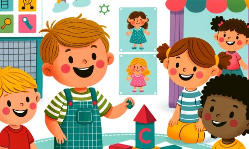 Une illustration destinée aux enfants représentant un petit garçon joyeux dans une garderie colorée, entouré de ses amis, découvrant l'égalité des sexes à travers des jeux et des activités ludiques.