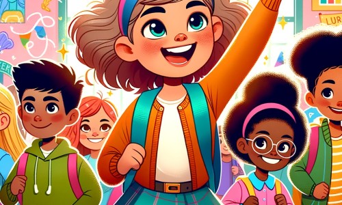 Une illustration destinée aux enfants représentant une petite fille pleine d'énergie et de détermination, qui défend l'égalité des sexes, accompagnée d'un groupe d'amis, dans une école colorée et animée où règne la joie et l'apprentissage.
