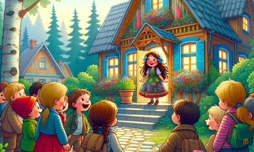 Une illustration destinée aux enfants représentant un petit garçon curieux, entouré de ses amis, découvrant une nouvelle voisine talentueuse dans une maison colorée avec un jardin verdoyant.