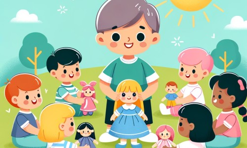 Une illustration destinée aux enfants représentant un petit garçon curieux, entouré de ses amis, jouant avec des poupées dans un parc ensoleillé, pour illustrer l'importance de l'égalité des sexes dans le choix des jeux et des activités.