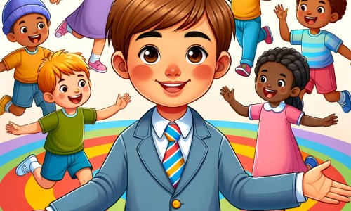 Une illustration pour enfants représentant un petit garçon souriant, entouré de filles et de garçons, jouant ensemble joyeusement dans une école colorée.