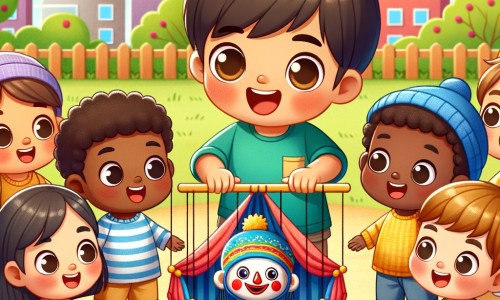 Une illustration destinée aux enfants représentant un petit garçon joyeux et curieux, entouré de ses amis, découvrant un spectacle de marionnettes colorées dans une cour de récréation ensoleillée de sa crèche.