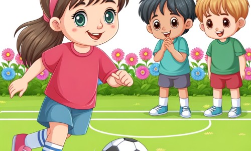 Une illustration destinée aux enfants représentant une petite fille souriante, jouant au foot avec assurance et détermination, entourée de garçons qui la regardent avec admiration, sur un terrain de jeu verdoyant avec des fleurs colorées en arrière-plan.