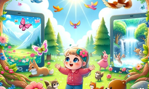 Une illustration pour enfants représentant une petite fille curieuse, plongée dans un monde imaginaire, se déroulant dans un jardin enchanté.