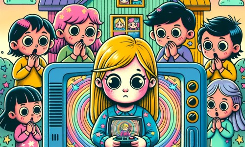 Une illustration destinée aux enfants représentant une petite fille curieuse, captivée par un écran, entourée d'autres enfants hypnotisés, dans une maison colorée avec une grande télévision diffusant un dessin animé.