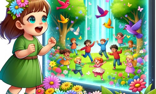 Une illustration destinée aux enfants représentant une petite fille, captivée par un écran magique, découvrant un monde réel rempli de fleurs colorées, d'oiseaux chantants et d'enfants qui jouent joyeusement dans un parc verdoyant.