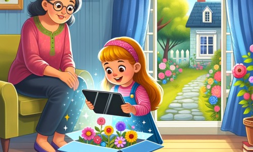 Une illustration destinée aux enfants représentant une petite fille pleine de curiosité découvrant une tablette électronique dans une boîte mystérieuse, accompagnée de sa maman, dans un salon lumineux avec une fenêtre donnant sur un jardin fleuri.