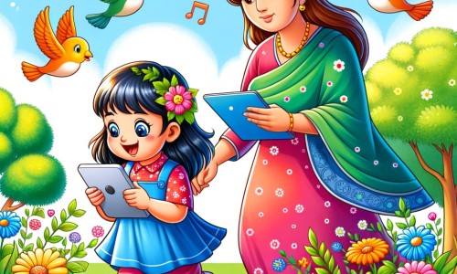 Une illustration destinée aux enfants représentant une petite fille pleine d'énergie, captivée par les écrans, accompagnée d'une maman bienveillante, évoluant dans un jardin verdoyant rempli de fleurs colorées et d'oiseaux chantants.