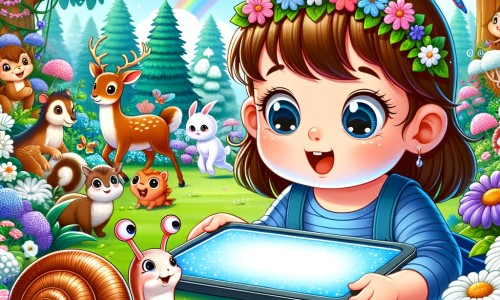 Une illustration destinée aux enfants représentant une petite fille curieuse, captivée par un écran brillant, accompagnée d'un adorable escargot, dans un magnifique jardin fleuri entouré d'arbres majestueux et d'animaux joyeux.