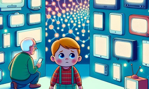 Une illustration destinée aux enfants représentant un petit garçon perdu dans une mer d'écrans, accompagné d'un personnage secondaire bienveillant qui l'observe attentivement, dans une chambre aux murs tapissés de télévisions et de tablettes lumineuses.
