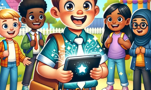 Une illustration destinée aux enfants représentant un petit garçon enthousiaste, tenant une tablette magique dans son sac d'école, entouré de ses amis, dans une cour de récréation colorée et ensoleillée.