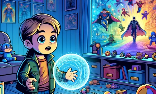 Une illustration destinée aux enfants représentant un petit garçon curieux, entouré d'écrans lumineux, découvrant un monde enchanté rempli de couleurs vives, dans une chambre aux murs ornés de posters de super-héros et de jouets éparpillés.