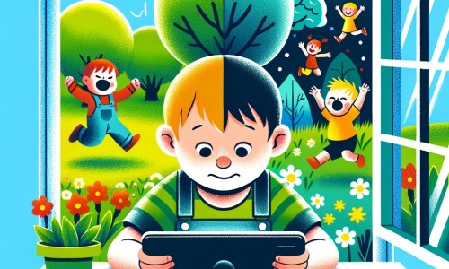 Une illustration destinée aux enfants représentant un petit garçon souriant, plongé dans les couleurs vives de sa tablette, accompagné d'un ami triste, tandis que le monde extérieur, avec ses arbres verdoyants et ses enfants jouant joyeusement, se reflète dans la fenêtre de sa chambre.