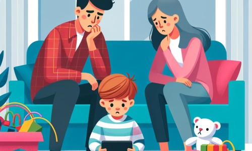 Une illustration destinée aux enfants représentant un petit garçon captivé par un écran, accompagné de ses parents inquiets, dans une chambre colorée remplie de jouets éparpillés.