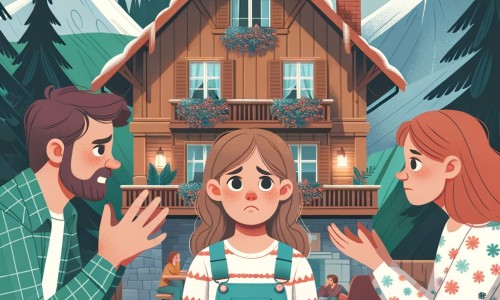 Une illustration destinée aux enfants représentant une petite fille perplexe, entourée de ses parents en pleine dispute, dans leur chaleureuse maison en forme de chalet, située au cœur d'un village verdoyant.