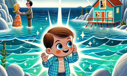 Une illustration pour enfants représentant un petit garçon curieux et heureux qui vit une dispute entre ses parents dans leur maison confortable au bord de la mer.