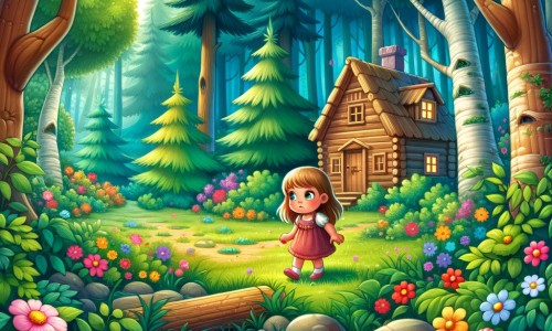 Une illustration destinée aux enfants représentant une petite fille solitaire, perdue dans une forêt enchantée, cherchant désespérément à se rapprocher de ses parents occupés, dans une petite maisonnette en bois cachée parmi les arbres majestueux et les fleurs colorées.