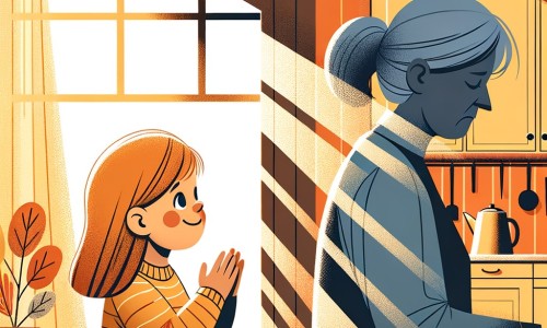 Une illustration destinée aux enfants représentant une petite fille pleine d'espoir, confrontée à la séparation de ses parents, accompagnée de sa maman en détresse, dans une maison chaleureuse avec des rayons de soleil qui illuminent la cuisine.