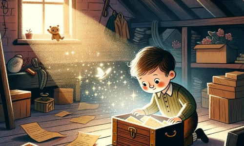 Une illustration destinée aux enfants représentant un petit garçon curieux découvrant une boîte magique remplie de souvenirs de ses parents, dans un grenier poussiéreux rempli de vieux objets et de rayons de lumière filtrant à travers une petite fenêtre.