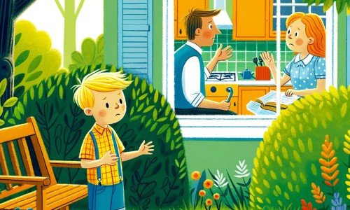 Une illustration destinée aux enfants représentant un petit garçon aux cheveux blonds, se tenant sur un banc dans un parc verdoyant, écoutant ses parents se disputer à travers la fenêtre de la cuisine.