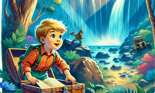 Une illustration pour enfants représentant un petit garçon curieux et énergique qui découvre un secret familial dans une vieille malle au grenier, déclenchant ainsi un voyage vers une cascade mystérieuse.