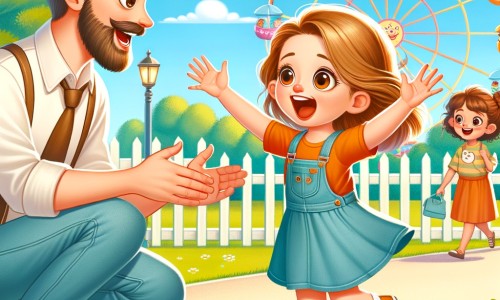 Une illustration pour enfants représentant une petite fille pleine d'excitation, sur le point de retrouver son papa après une longue séparation, dans un parc d'attractions ensoleillé.
