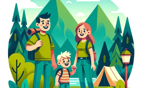 Une illustration destinée aux enfants représentant un petit garçon joyeux et curieux, accompagné de ses parents, découvrant les merveilles de la nature lors d'un voyage en camping au cœur des majestueuses montagnes verdoyantes.