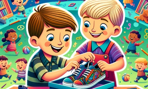 Une illustration destinée aux enfants représentant un petit garçon plein d'enthousiasme, confronté à des problèmes avec ses chaussures, accompagné de sa petite sœur, dans une école colorée entourée de joyeux enfants qui jouent et apprennent ensemble.