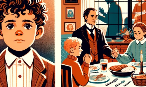 Une illustration destinée aux enfants représentant un petit garçon timide et réservé, confronté à des disputes entre ses parents, avec pour personnage secondaire son ami Max, dans une maison chaleureuse avec une table dressée pour un repas en famille.