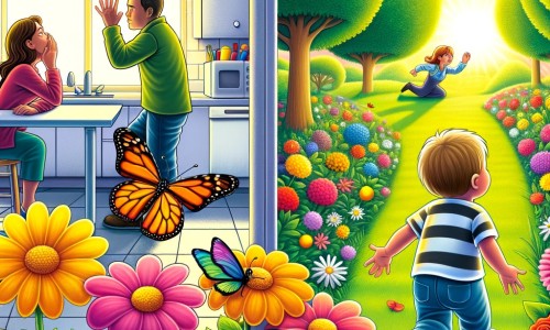 Une illustration pour enfants représentant un petit garçon confronté à une dispute de ses parents à la maison, qui décide de prendre l'air en se promenant avec eux dans un parc.