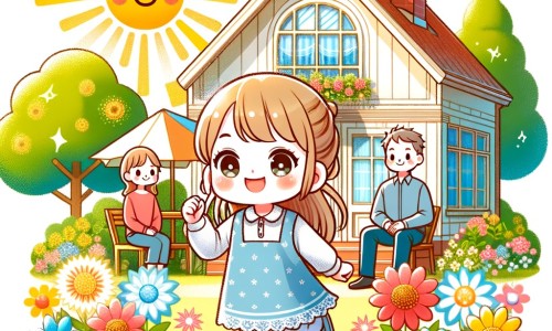 Une illustration destinée aux enfants représentant une petite fille curieuse et pleine d'énergie, vivant avec ses parents dans une charmante maison ensoleillée entourée d'un grand jardin fleuri.