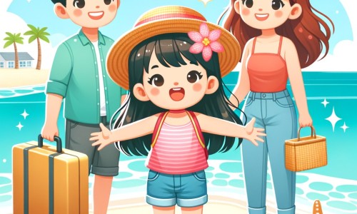 Une illustration destinée aux enfants représentant une petite fille pleine d'enthousiasme, se préparant pour des vacances d'été, accompagnée de sa famille, sur une plage bordée de sable doux et d'une mer turquoise scintillante.