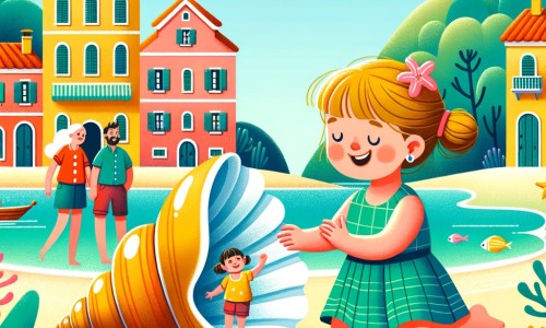 Une illustration destinée aux enfants représentant une petite fille pleine de joie qui découvre un coquillage géant sur une plage ensoleillée, accompagnée de sa famille, dans un village de bord de mer aux maisons colorées et aux rues étroites.