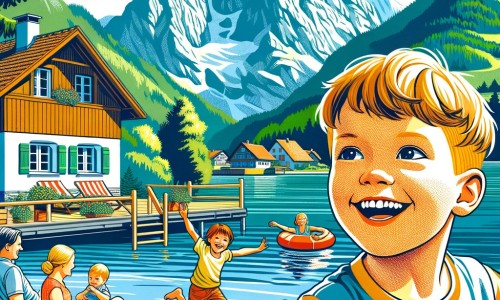 Une illustration destinée aux enfants représentant un petit garçon plein d'enthousiasme, vivant des aventures estivales avec sa famille dans un chalet pittoresque au bord d'un lac, entouré de majestueuses montagnes verdoyantes.