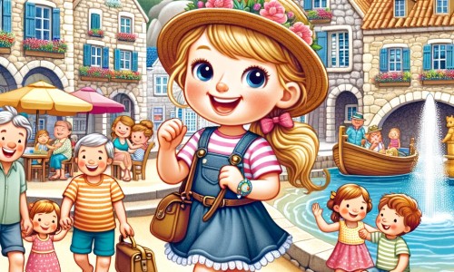 Une illustration destinée aux enfants représentant une petite fille pleine d'enthousiasme passant des vacances d'été inoubliables avec sa famille et se faisant de nouveaux amis dans un charmant village côtier avec des maisons en pierre, une place animée avec une fontaine et une plage de sable fin peu fréquentée.