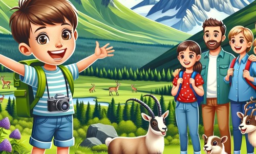 Une illustration destinée aux enfants représentant une petite fille pleine d'enthousiasme, vivant des aventures inoubliables lors de ses vacances d'été à la montagne, entourée de sa famille et découvrant des paysages majestueux avec des montagnes verdoyantes, des chamois, des cerfs et des marmottes curieuses.