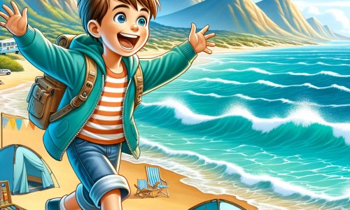 Une illustration destinée aux enfants représentant un petit garçon plein d'enthousiasme, vivant des aventures palpitantes avec ses nouveaux amis dans un camping en bord de mer aux eaux turquoise et au sable doré.